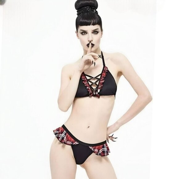Devil’s Fashion Plaid Crisscross Bikini ✦ XL-2XL Skull Charms ✦ Ruffle Trim Set - Picture 4 of 12